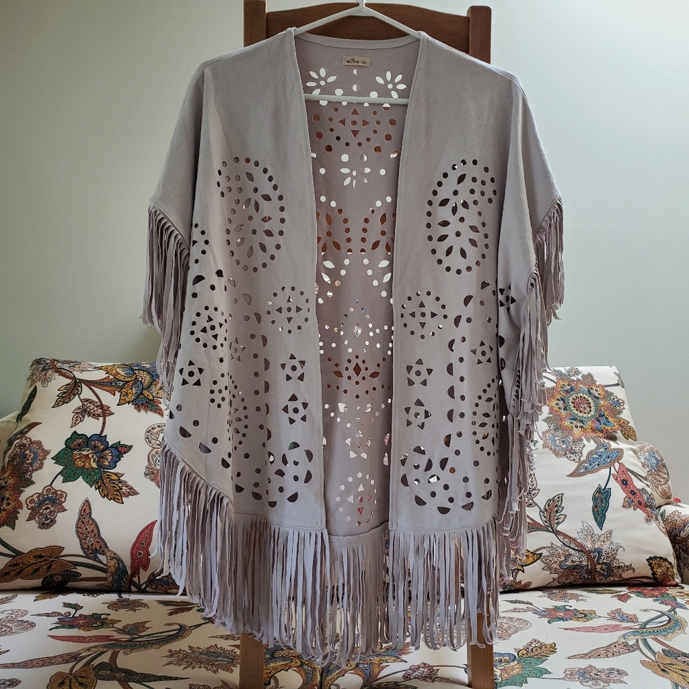 Faux Suede Fringed Wrap Poncho